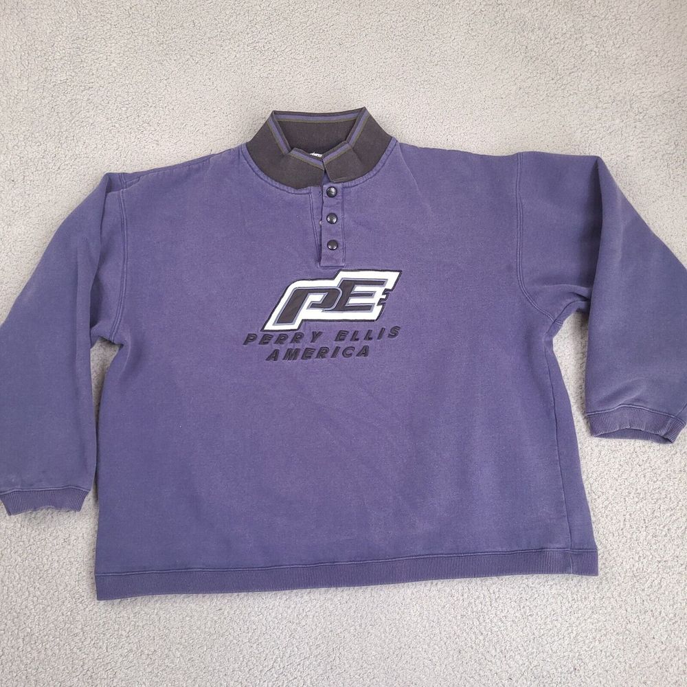Vintage Perry Ellis America Sweatshirt Mens XL Blue‎ Pullover Snap Button